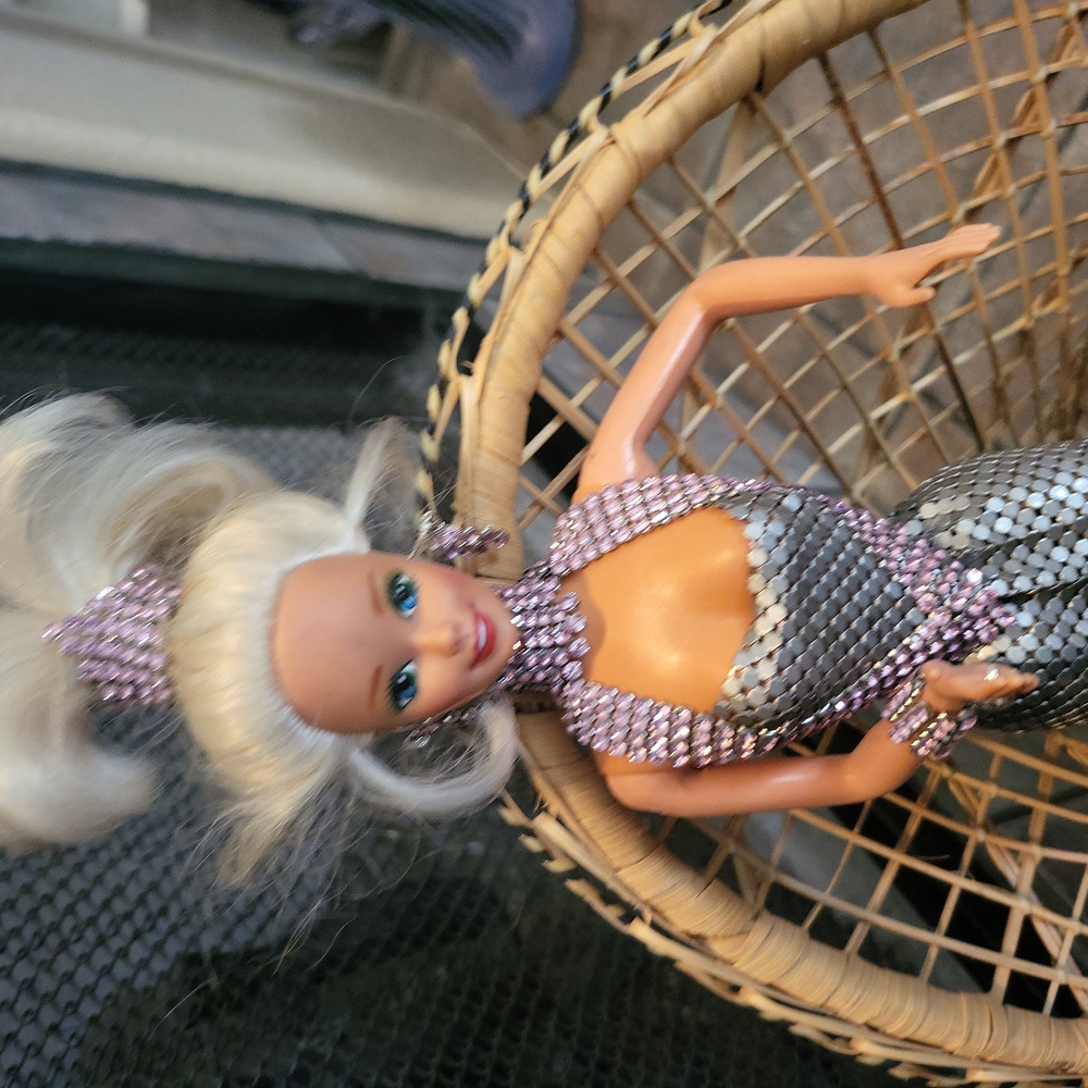 Vintage Barbie in Custom Made Metal Dress, Earrings and Necklace